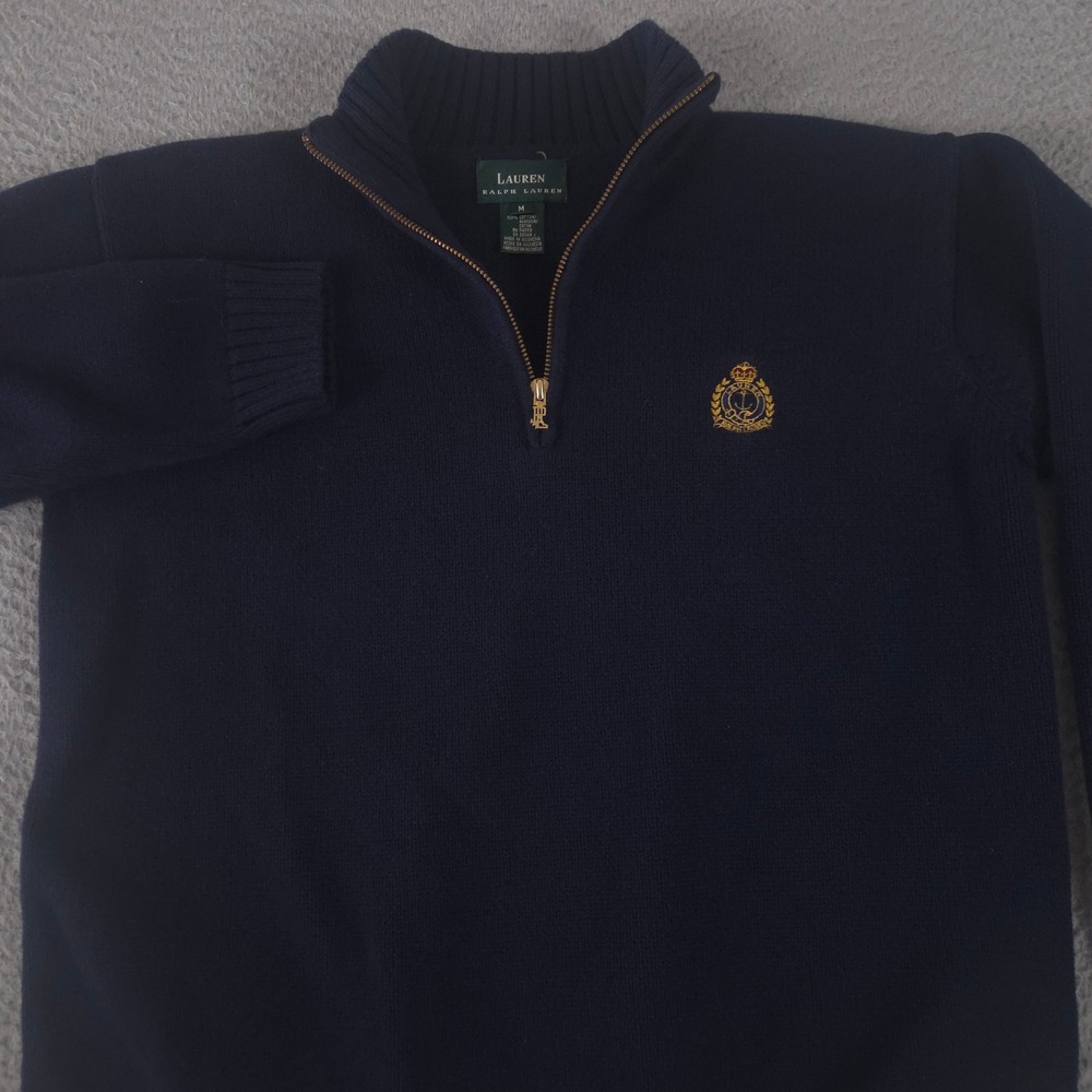 VINTAGE Lauren Ralph Lauren Sweater Men M Navy Crest Quarter Zip Cotton Knit 90s
